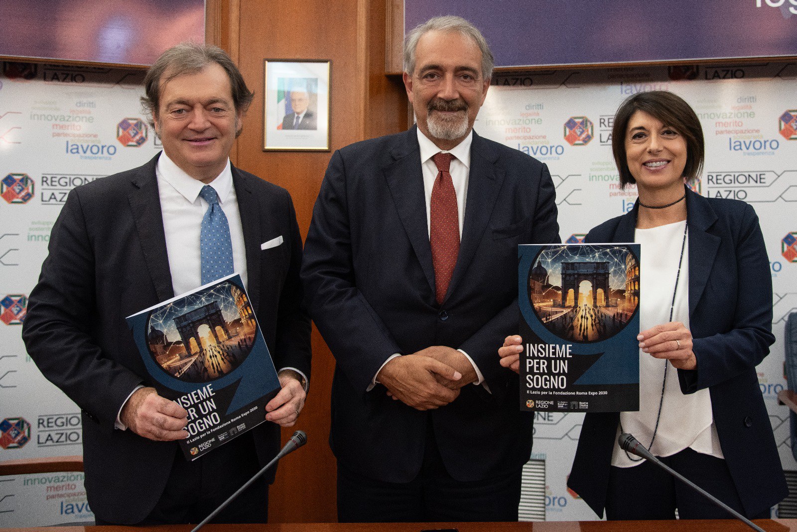 il Presidente della Fondazione Expo Roma 2030 Scaccabarozzi, il Presidente della Regione Lazio Rocca e l'assessore Angelilli