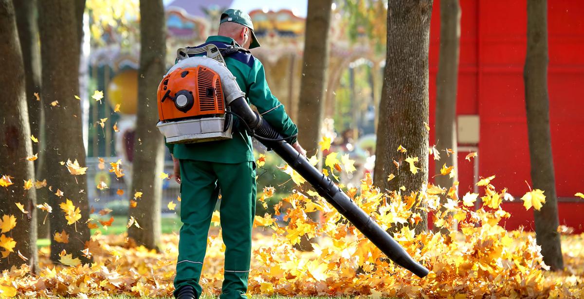 Lavoratore socialmente utile raccoglie foglie in un parco - Foto di photosaint da Adobe Stock