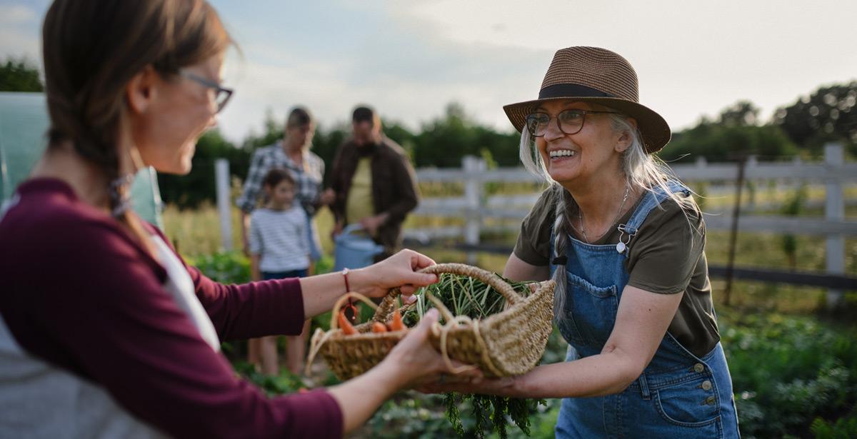Contadina consegna un cesto di verdure ad una ragazza - Foto di Halfpoint da Adobe Stock